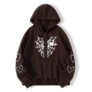 Sp5der Zipper Web & Heart Print Hoodie Brown the front side - Photo 1